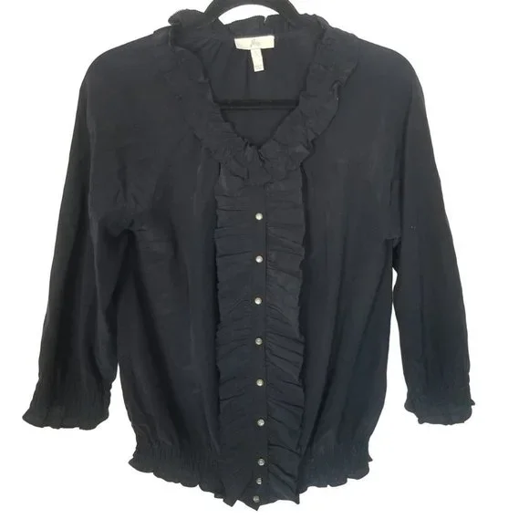 Joie Tops Joie Womens S Black 34 Sleeves Ruffle Trim Button